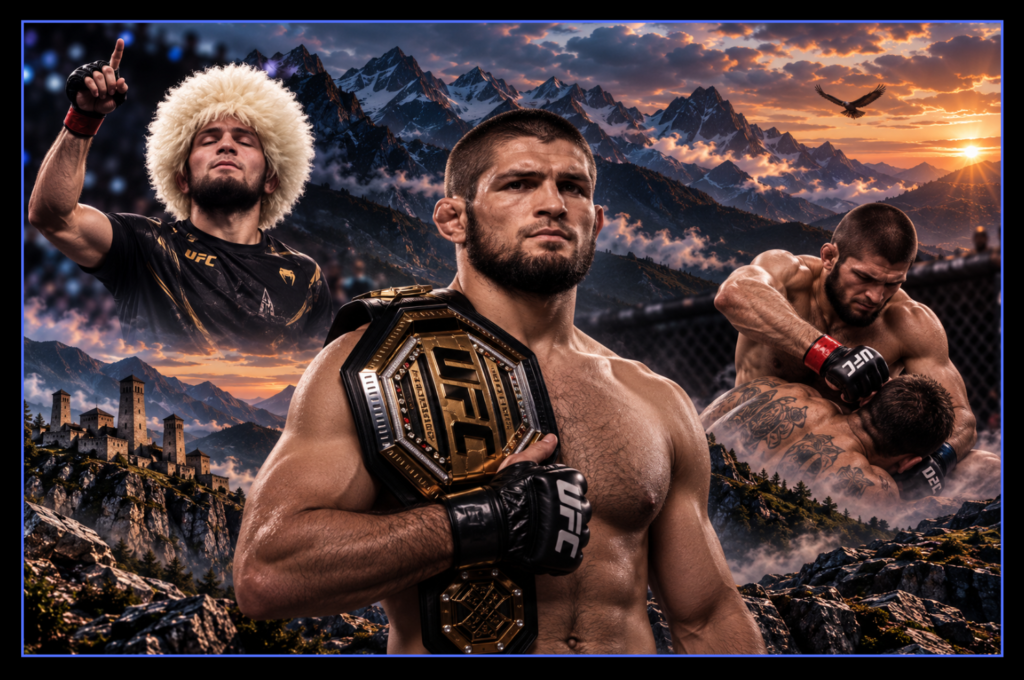 Khabib Nurmagomedov UFC champion montage with championship belt, papakha, grappling action and Dagestan mountain scenery.