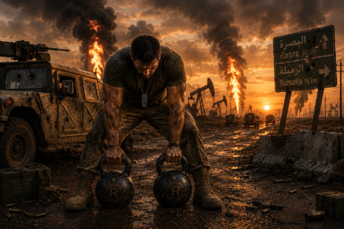 Exhausted kettlebell commando recovering beside his kettlebells as burning Iraqi oilfields fill the horizon with smoke.