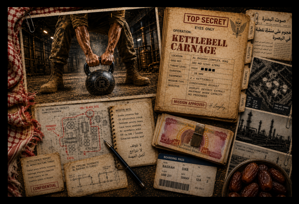 Kettlebell commando completing a heavy deadlift beside oilfield plans, Iraqi currency and classified mission documents.