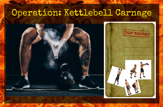 Operation Kettlebell Carnage. Kettlebell Commando Raids. Strength, balance and endurance workouts. Fat burners. AMRAP. EMOM. TABATA. Super Soldier Project.