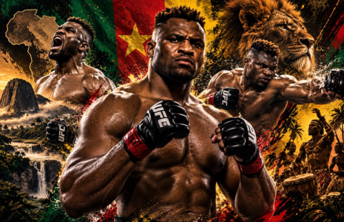 Francis Ngannou in a powerful fighting stance with striking and victory imagery in vibrant Cameroon-inspired artwork.