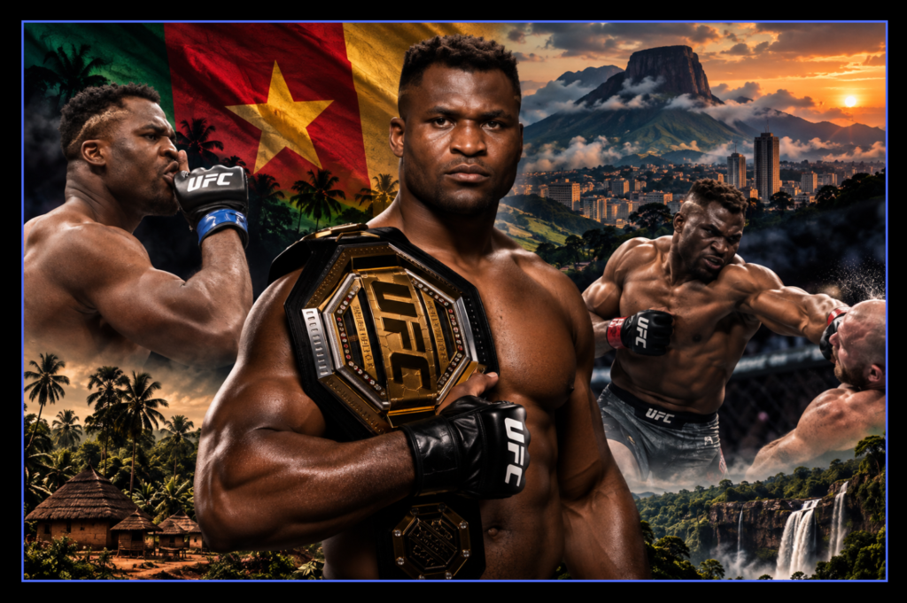 Francis Ngannou in a powerful fighting stance with striking and victory imagery in vibrant Cameroon-inspired artwork.
