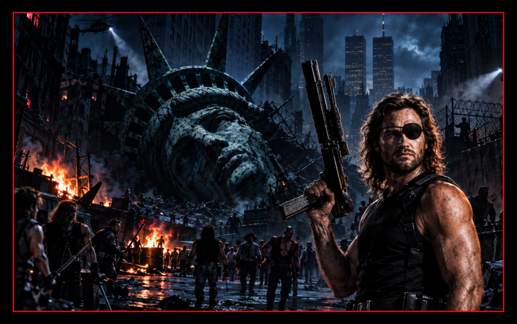 Escape from New York workout featuring Snake Plissken overlooking the ruined Manhattan prison with fallen Liberty and the Twin Towers beyond.