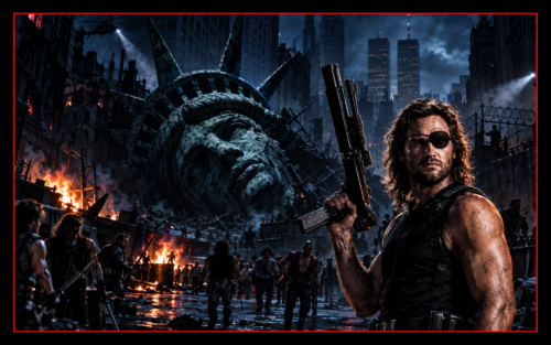 Escape from New York workout featuring Snake Plissken overlooking the ruined Manhattan prison with fallen Liberty and the Twin Towers beyond.