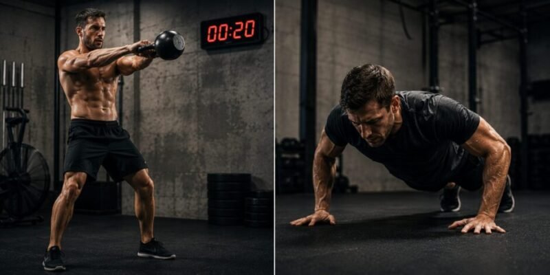 Athletes performing kettlebell swings and push-ups during a high-intensity Tabata workout in an industrial gym with a digital interval timer.