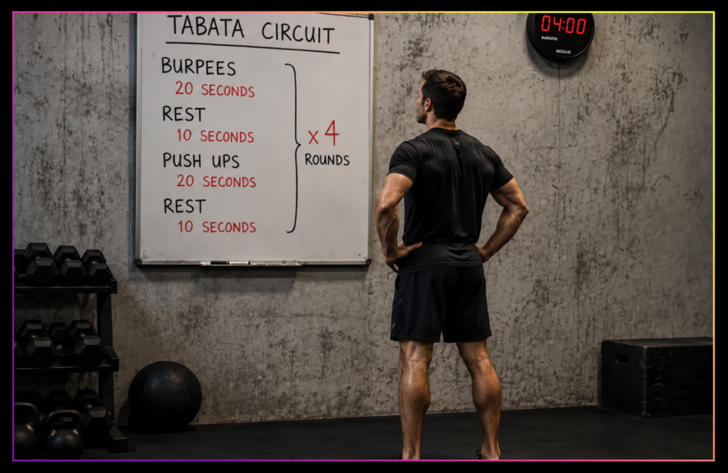 Athlete preparing for a Tabata workout in an industrial gym while studying a whiteboard showing a 20-second work, 10-second rest interval circuit beside a four-minute countdown timer.