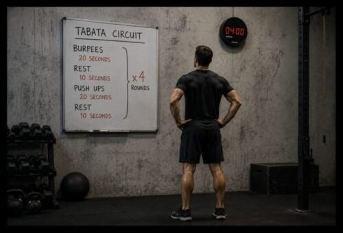 Athlete preparing for a Tabata workout in an industrial gym while studying a whiteboard showing a 20-second work, 10-second rest interval circuit beside a four-minute countdown timer.