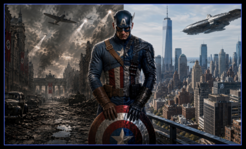 Workout inspired by Marvel comics hero Captain America. Shows split image of Steve Rogers (Captain America) in 1940's Berlin at the end of WWII and in modern day New York City. Demonstrating how he operated in both eras.