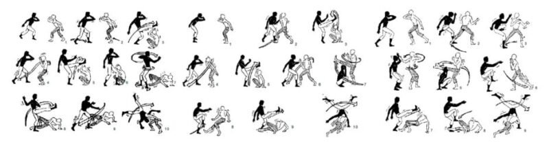 Illustrated training sequences created by Mestre Bimba showing fundamental Capoeira techniques and partner drills.