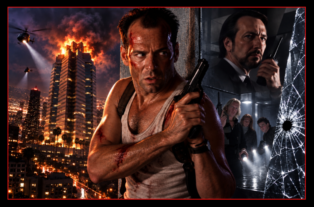 Die Hard workout featuring John McClane at Nakatomi Plaza with Hans Gruber, Karl, armed terrorists, helicopters, fire and shattered glass.