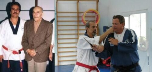 Eli Avikzar pictured with Imi Lichtenfeld alongside a later seminar demonstration with students.