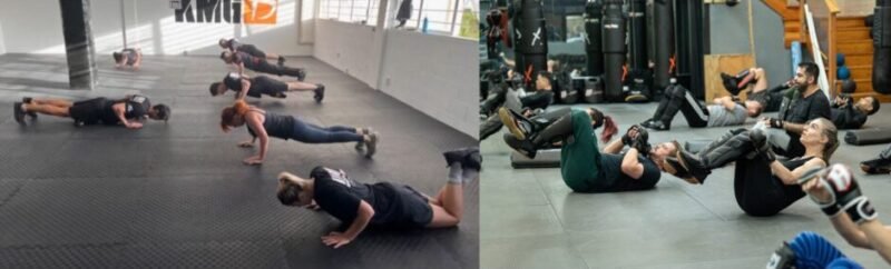 Krav Maga practitioners performing push-ups, sit-ups, pad work, and conditioning drills during training.