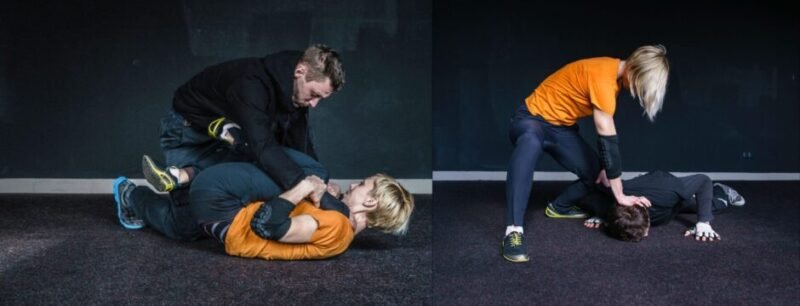 Split image showing a woman defending from the ground before regaining control during Krav Maga training practice.
