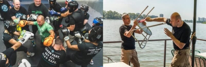 Split image showing Krav Maga practitioners developing toughness through training and using environmental objects during self-defence drills.