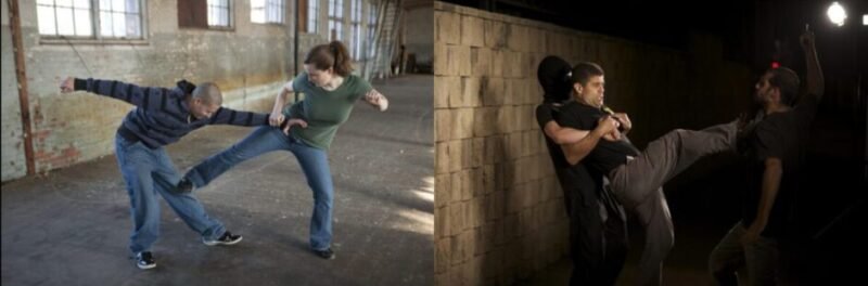 Split image showing a Krav Maga knee-targeting technique and a practitioner transitioning from defence into counter-attack.