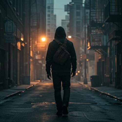 Man walking alone at night in an urban environment, reflecting situational awareness and personal safety considerations.