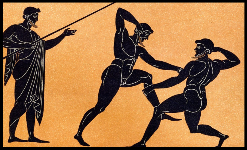 Ancient Greek illustration of pankration competitors engaged in a contest combining striking, wrestling, and submission techniques.