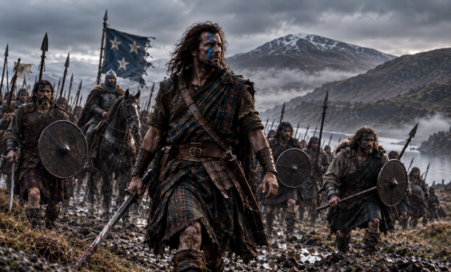 William Wallace rallies Scottish pikemen before battle, standing at the centre of his army ready to lead the charge at Stirling Bridge.