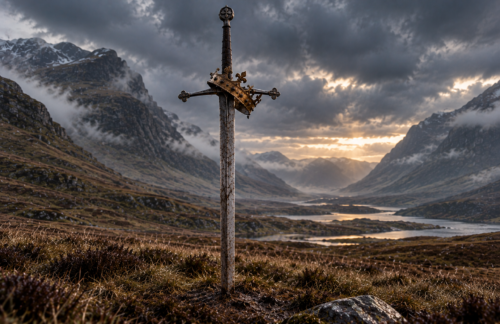 A Scottish crown rests on the hilt of a claymore planted in the ground in a quiet Highland glen.