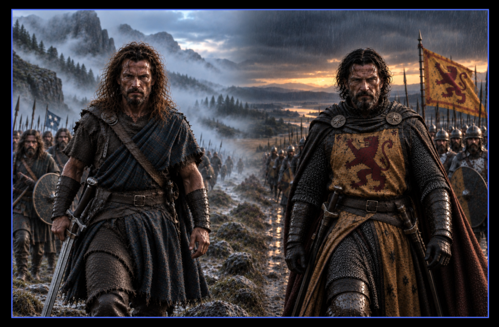 William Wallace and Robert the Bruce march toward the viewer with separate Scottish armies, Wallace in Highland morning fog and Bruce in rainy evening light.