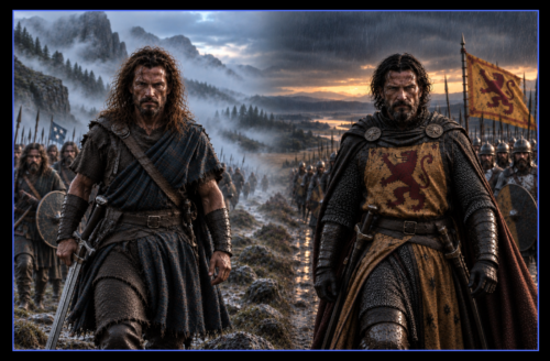 William Wallace and Robert the Bruce march toward the viewer with separate Scottish armies, Wallace in Highland morning fog and Bruce in rainy evening light.