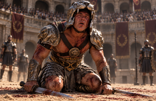 A battered Tigris of Gaul kneels defeated in the arena with his tiger helmet raised above his face