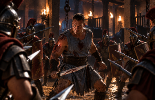 Hagen makes his final stand with sword drawn as Praetorian Guards close in at Proximo's gladiator stable