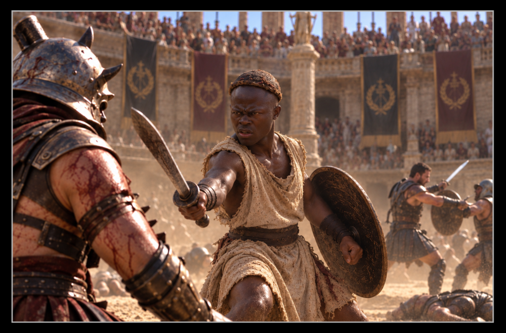 Juba fighting a helmeted gladiator in a dusty arena as Maximus battles behind him