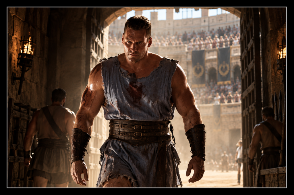 Hagen, the powerful Germanic gladiator, standing ready for combat in the arena