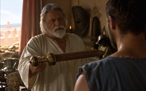 Proximo presents the wooden rudis that marked his freedom while speaking with Maximus