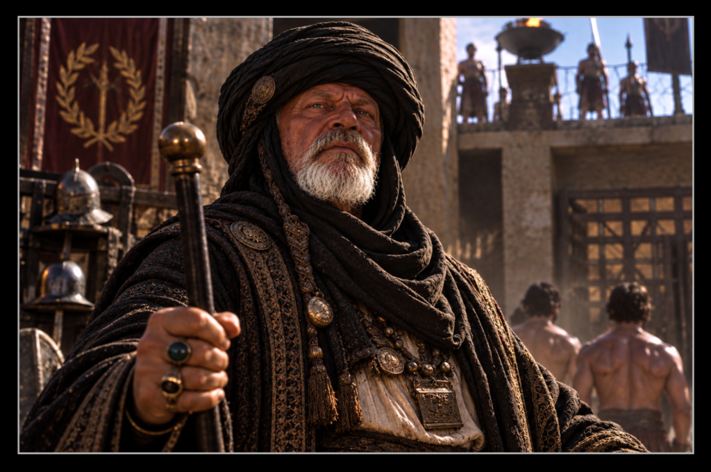 Proximo in black North African robes and turban surveys the gladiators of his ludus