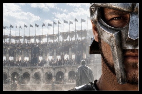 Maximus in his gladiator helmet staring from the foreground with the Roman arena behind him