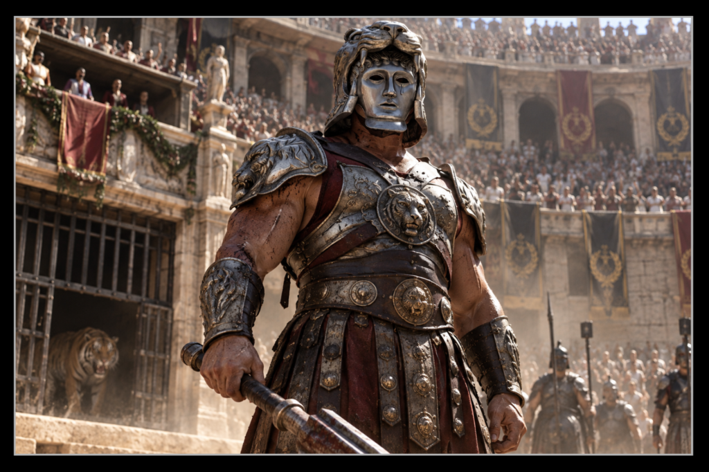 Tigris of Gaul in his distinctive silver tiger helmet and ornate gladiator armour