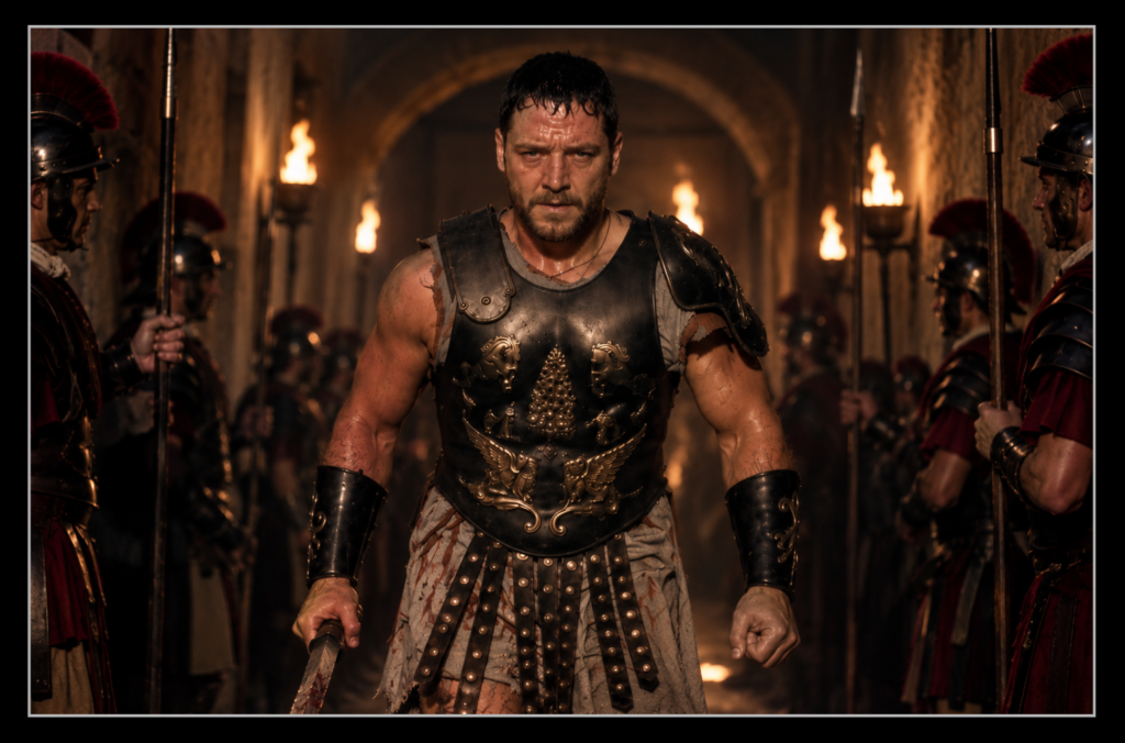 Maximus marches from the arena gates in gladiator armour with a determined expression