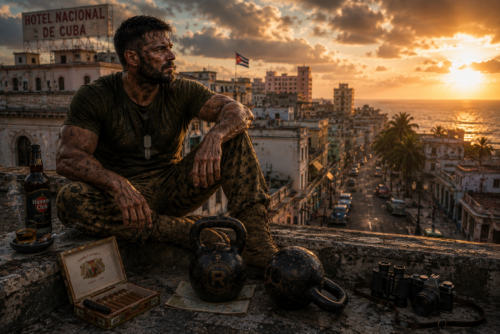 Kettlebell commando resting on a Havana rooftop after training while watching the Cuban sunset with kettlebells beside him.