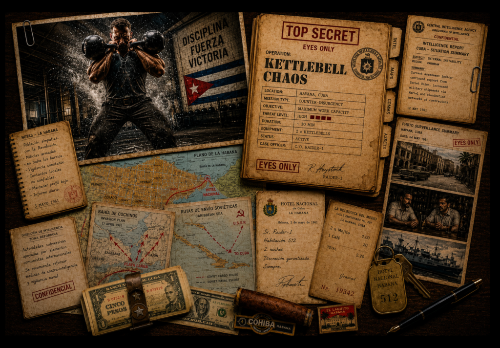 Kettlebell commando performing a double clean beside maps, surveillance reports and Cuban props in a Havana intelligence dossier.