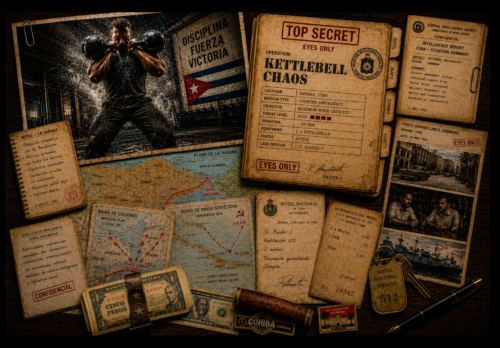 Kettlebell commando performing a double clean beside maps, surveillance reports and Cuban props in a Havana intelligence dossier.