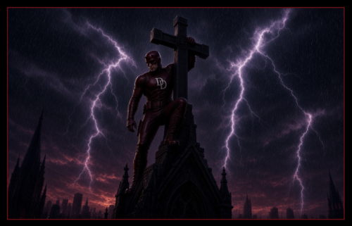 Workout inspired by Marvel comics superhero, Daredevil, the man without fear. Shows Daredevil watching over Hells Kitchen in New York City at night in his fight against crime.