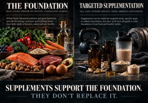 Split-screen nutrition infographic contrasting a variety of whole foods, including fish, meat, vegetables, fruit, grains and nuts, with protein powder and dietary supplements to illustrate the role of supplementation alongside a balanced diet.