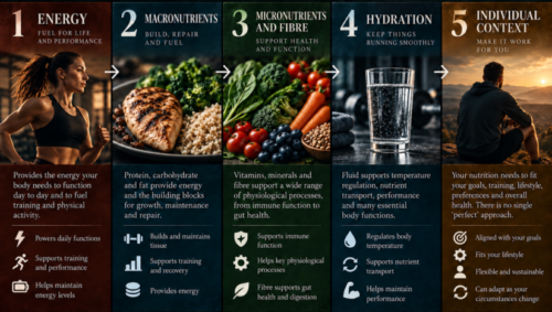 Five-panel nutrition infographic showing energy, macronutrients, micronutrients and fibre, hydration, and individual nutritional needs, illustrated with exercise, balanced meals, fresh produce and water.
