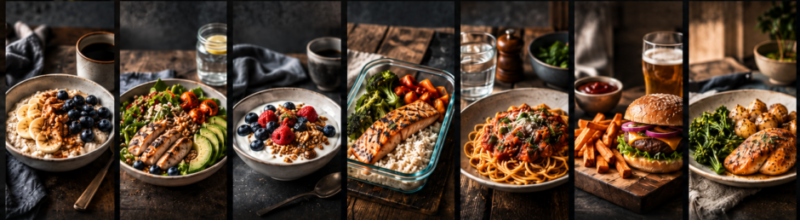Seven-panel food image showing a week’s worth of varied meals, including oats with fruit, chicken salad, yoghurt with berries, meal-prep salmon and rice, pasta, a burger with fries, and a roast-style dinner, illustrating that overall dietary pattern matters more than any single meal.
