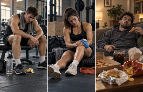 Three-panel image illustrating the consequences of poor nutrition: an exhausted athlete after training, a woman applying an ice pack to her knee, and a man eating takeaway food surrounded by unhealthy snacks.