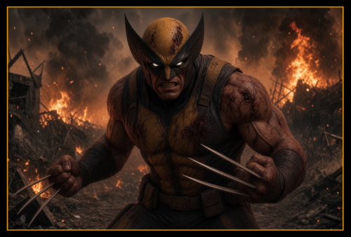 Workout inspired by Marvel comics X-Man Wolverine. Image shows Logan (Wolverine) emerging berserker style from a battle. As the background around him burns to the ground.