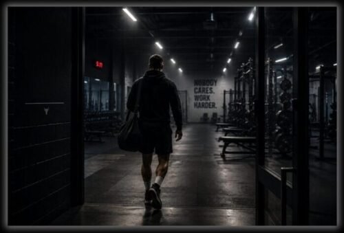 Man walking into an empty gym before dawn with a gym bag over his shoulder, preparing for training and representing discipline, consistency, and the athlete mindset.