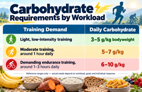 Table showing recommended daily carbohydrate intake by training demand: light, low-intensity training at 3–5 g per kilogram of bodyweight; moderate training of around 1 hour daily at 5–7 g/kg; and demanding endurance training of around 1–3 hours daily at 6–10 g/kg.