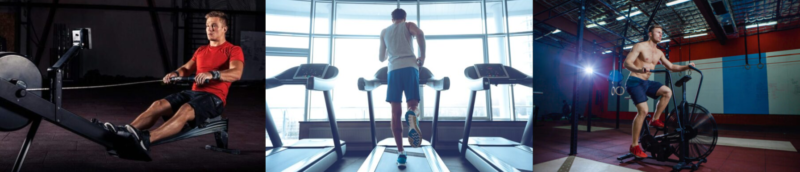 Cardio montage - showing demonstrations of rowing, treadmill and assault bike.