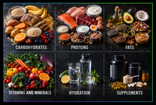 An overhead photograph of diverse foods: leafy greens, berries, pulses, whole grains, nuts and vegetables. Protein, carbohydrates and dietary fats.