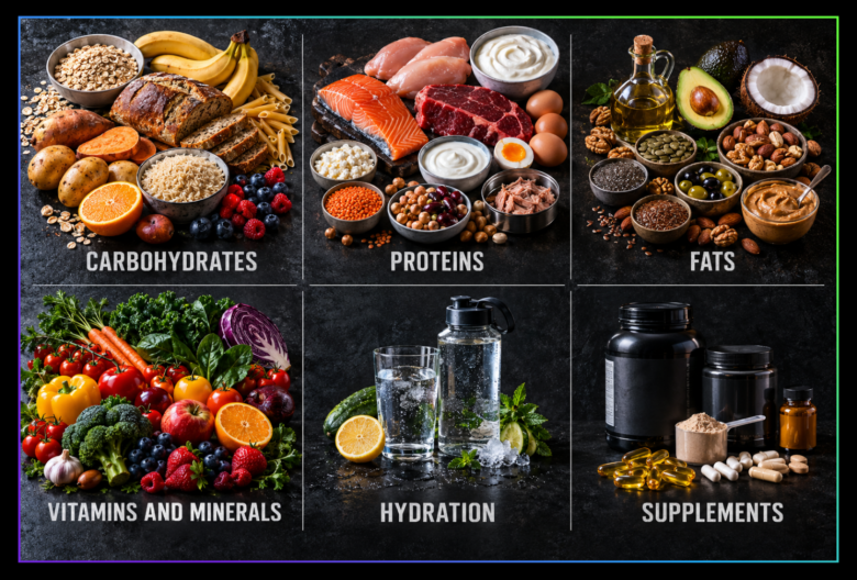 An overhead photograph of diverse foods: leafy greens, berries, pulses, whole grains, nuts and vegetables. Protein, carbohydrates and dietary fats.