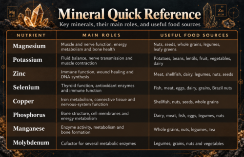 Infographic table summarising key minerals, their main roles in the body, and useful food sources.
