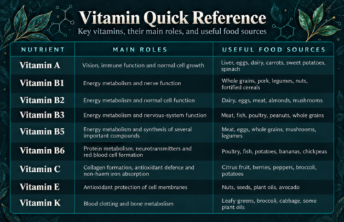 Infographic table summarising key vitamins, their main roles in the body, and useful food sources.